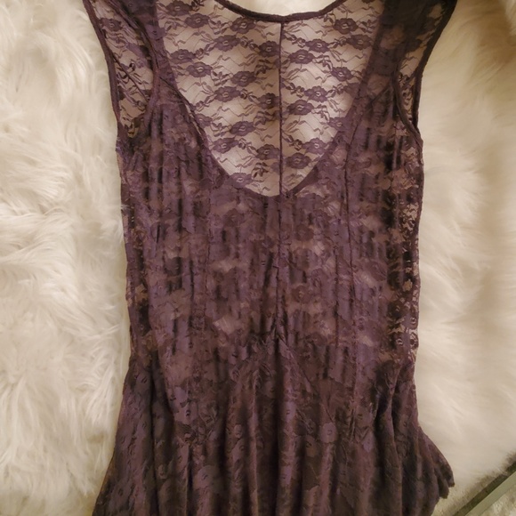 Purple Sheer Lace Victorian Tea Length Midi Dress - Picture 4 of 12